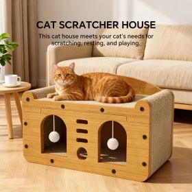 Cat Scratcher House with Bed and Hanging Pom-Pom Toy, Wooden Cat Cave with Corrugated Scratching Board