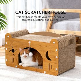 Cat Scratcher House with Bed and Hanging Toy, Wooden Cat Cave with Corrugated Scratching Board (Color: C-SFXY56)